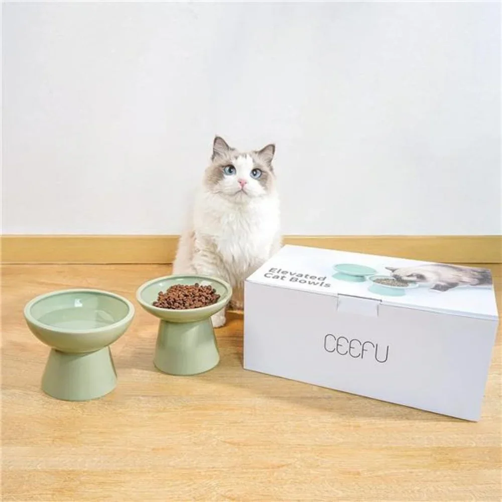 2 Extra Wide Elevated Cat Food Bowl, Ceramic Cat Bowls for Food and Water, Wide